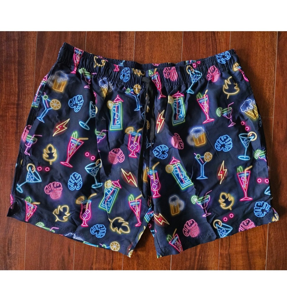 Mens Neon Cocktail Print Swim Trunks Black Multicolor Mesh Lined Shorts XXL